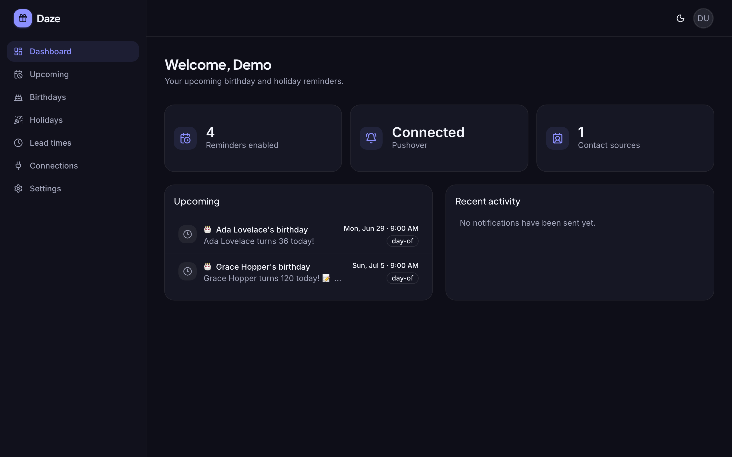 The Daze dashboard
