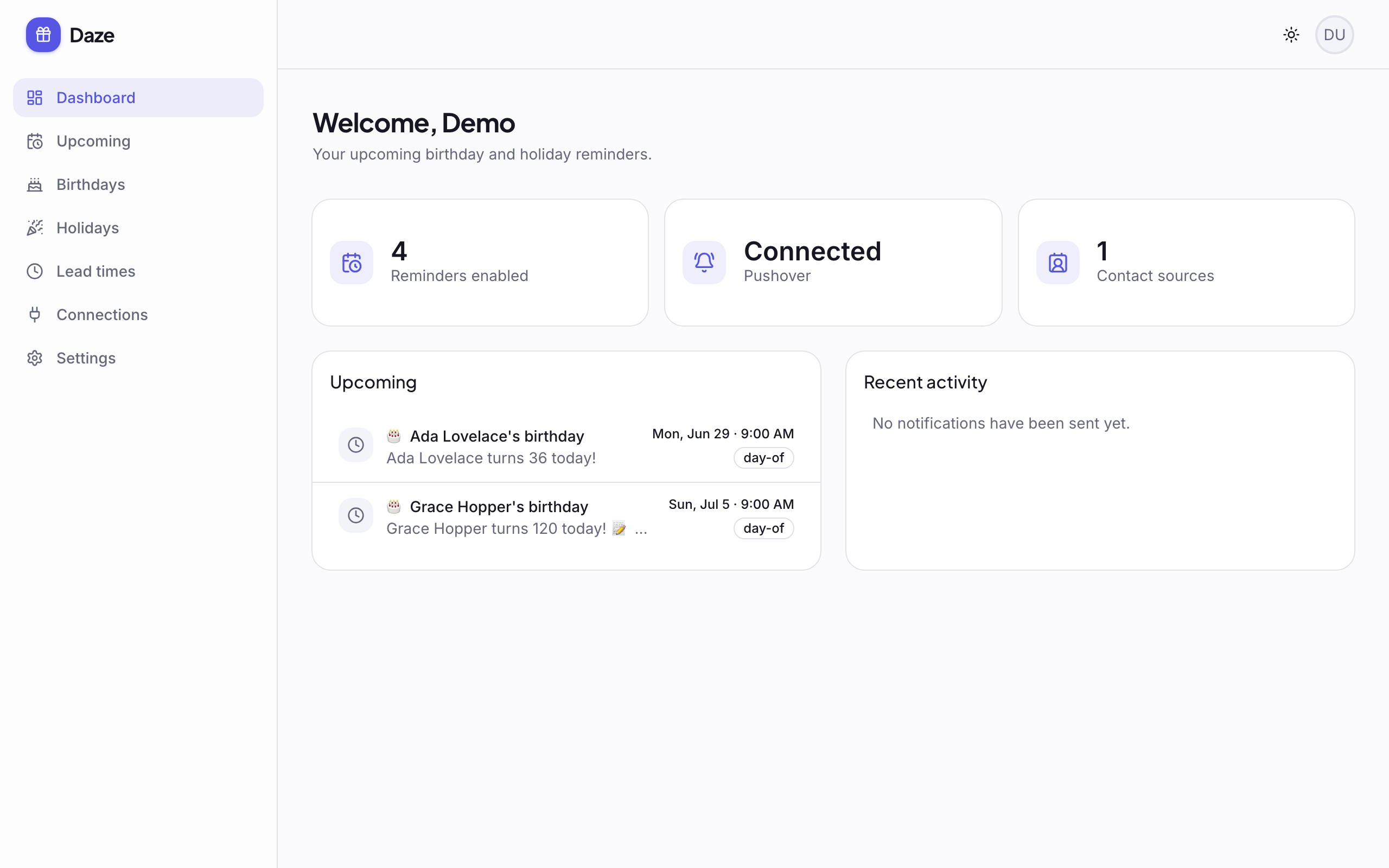 The Daze dashboard