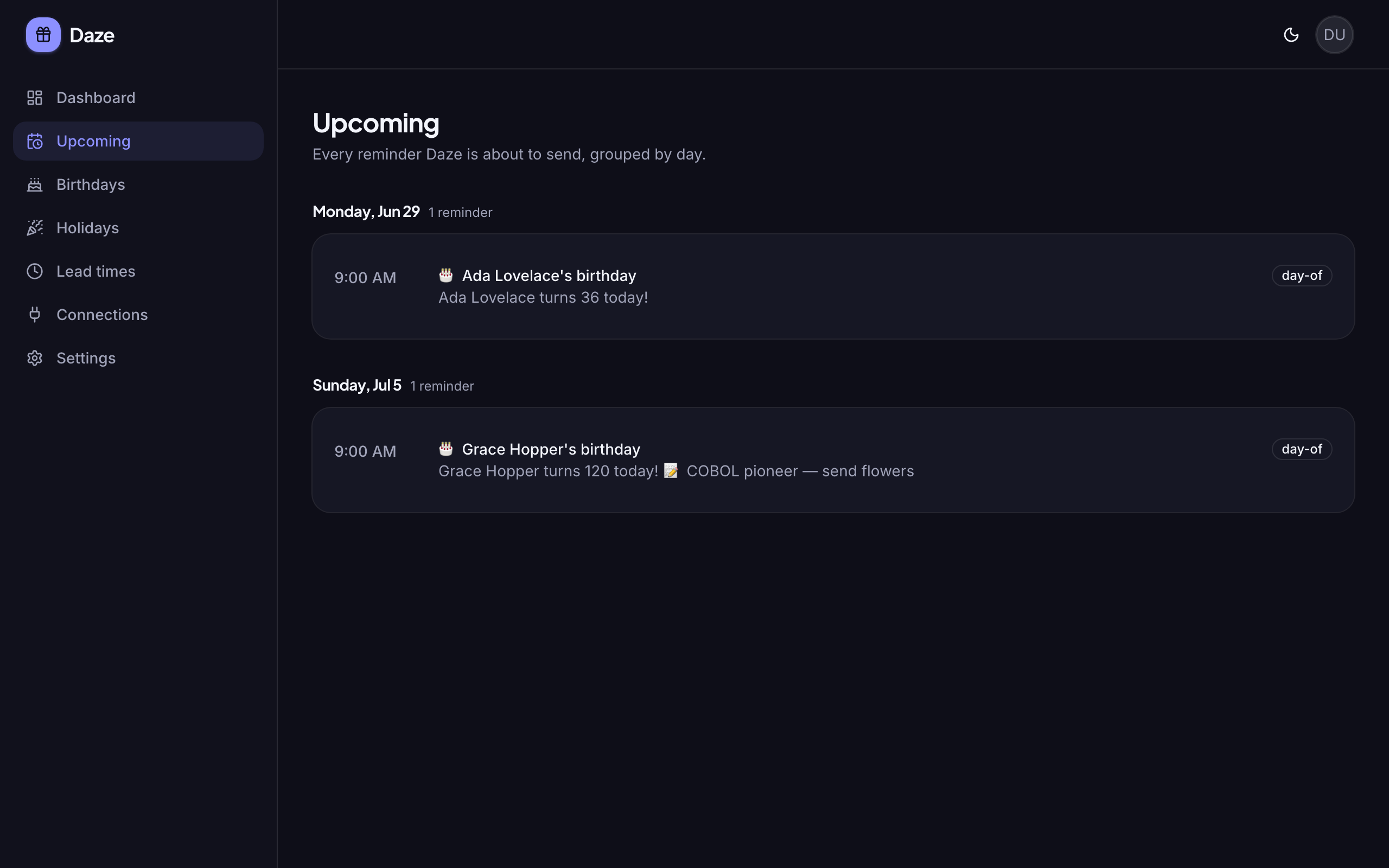The upcoming reminders timeline