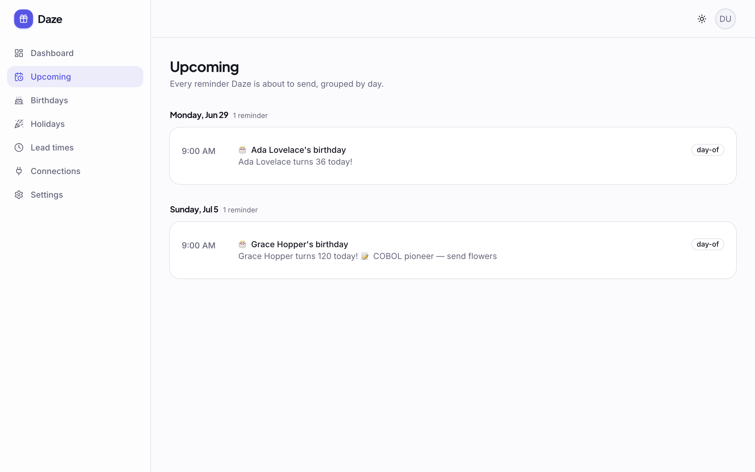 The upcoming reminders timeline